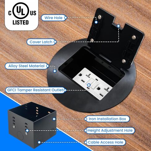 صندوق مخرج الأرضية المريح ، وعاء عميق مع ميناء شحن سريع 4.8A USB-A و USB-C ، وغطاء مخرج طابق دائري 20A-2 حزمة (أسود) in Kuwait