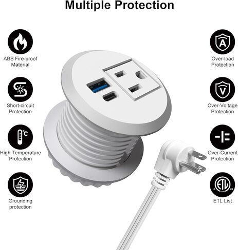 20W USB-C شحنة سريعة جروميت راحة ، منفذ مكتب التثبيت 2 بوصة مع سلك التمديد 6.5 قدم ، شريط طاقة كونترتوب لتوفير الفضاء لمدرسة المنزلية in Kuwait