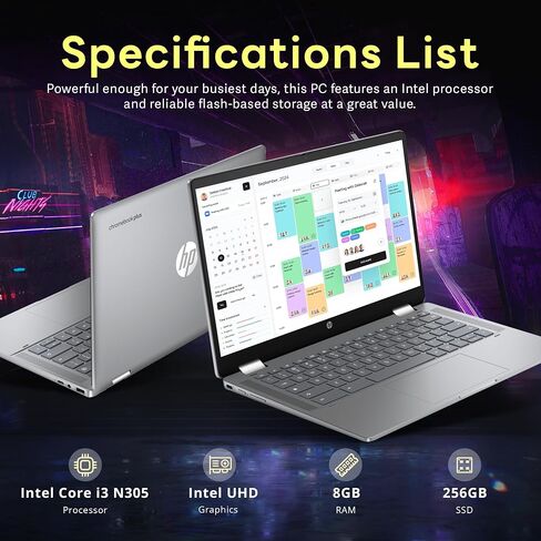 HP 14 "2-in-1 FHD Touchscreen Chromebook Plus Laptop ، Intel I3-N305 ، 8GB LPDDR5 ، 256GB SSD ، Intel UHD Graphics ، FHD Camera ، Charge Fast ، Wi-Fi 6E ، Chrome OS ، Silver (READED) in Kuwait