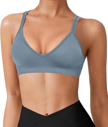 VEQKING Strappy Women Sports Bra V-Neck Criss Cross Back Padded Yoga Bra Seamless Workout Bras Spaghetti Strap Bralettes in Saudi Arabia