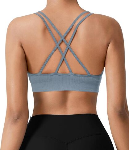 VEQKING Strappy Women Sports Bra V-Neck Criss Cross Back Padded Yoga Bra Seamless Workout Bras Spaghetti Strap Bralettes in Saudi Arabia
