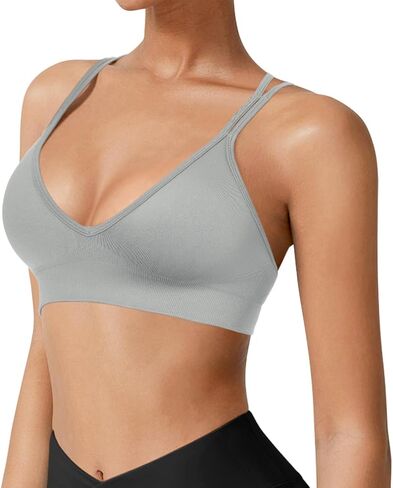 VEQKING Strappy Women Sports Bra V-Neck Criss Cross Back Padded Yoga Bra Seamless Workout Bras Spaghetti Strap Bralettes in Saudi Arabia