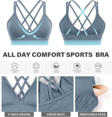 VEQKING Strappy Women Sports Bra V-Neck Criss Cross Back Padded Yoga Bra Seamless Workout Bras Spaghetti Strap Bralettes in Saudi Arabia