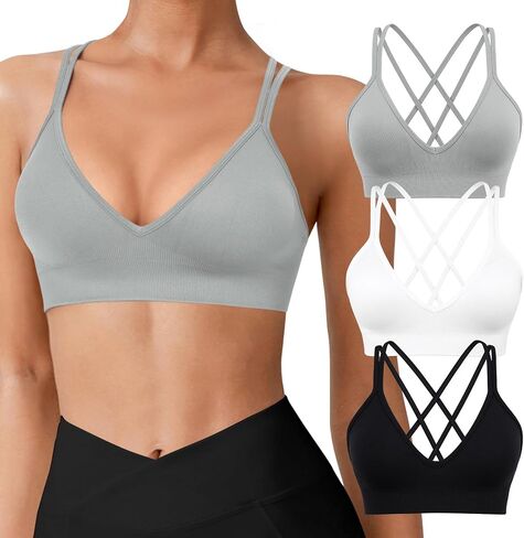 VEQKING Strappy Women Sports Bra V-Neck Criss Cross Back Padded Yoga Bra Seamless Workout Bras Spaghetti Strap Bralettes in Kuwait