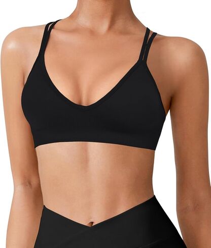 VEQKING Strappy Women Sports Bra V-Neck Criss Cross Back Padded Yoga Bra Seamless Workout Bras Spaghetti Strap Bralettes in Kuwait
