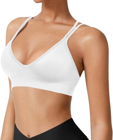 VEQKING Strappy Women Sports Bra V-Neck Criss Cross Back Padded Yoga Bra Seamless Workout Bras Spaghetti Strap Bralettes in Kuwait