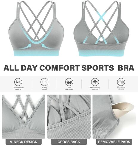 VEQKING Strappy Women Sports Bra V-Neck Criss Cross Back Padded Yoga Bra Seamless Workout Bras Spaghetti Strap Bralettes in Kuwait