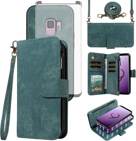 Asuwish Phone Case لـ Samsung Galaxy S9 Zipper Wallet غطاء مغناطيسي قابل للفصل مع حامي شاشة زجاجية محفنة Crossbody Lanyard Slot Slot S 9 Edge 9S GS9 Girls Brown in Saudi Arabia