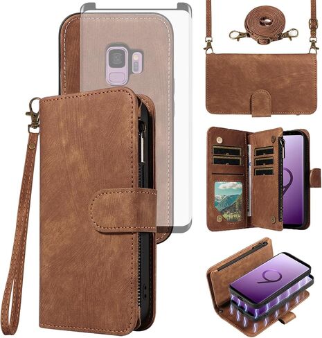 Asuwish Phone Case for Samsung Galaxy S9 Zipper Wallet Detachable Magnetic Cover with Tempered Glass Screen Protector Crossbody Lanyard Strap Flip Card Holder Slot S 9 Edge 9S GS9 Women Girls Brown in Kuwait