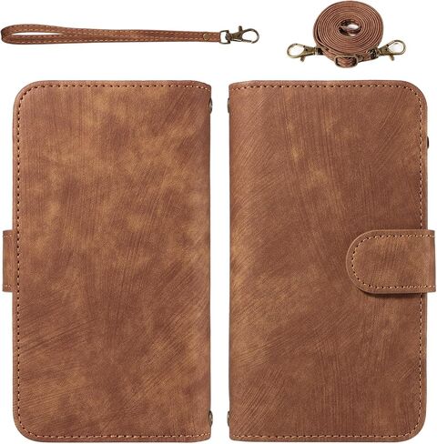 Asuwish Phone Case for Samsung Galaxy S9 Zipper Wallet Detachable Magnetic Cover with Tempered Glass Screen Protector Crossbody Lanyard Strap Flip Card Holder Slot S 9 Edge 9S GS9 Women Girls Brown in Kuwait