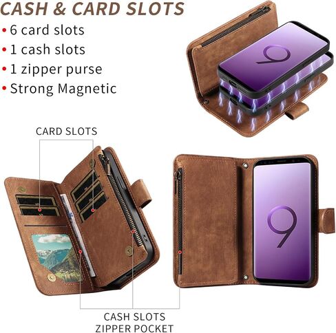 Asuwish Phone Case for Samsung Galaxy S9 Zipper Wallet Detachable Magnetic Cover with Tempered Glass Screen Protector Crossbody Lanyard Strap Flip Card Holder Slot S 9 Edge 9S GS9 Women Girls Brown in Kuwait