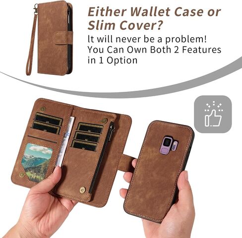 Asuwish Phone Case for Samsung Galaxy S9 Zipper Wallet Detachable Magnetic Cover with Tempered Glass Screen Protector Crossbody Lanyard Strap Flip Card Holder Slot S 9 Edge 9S GS9 Women Girls Brown in Kuwait