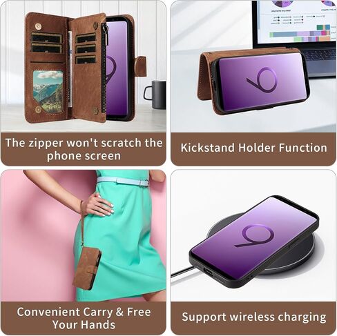 Asuwish Phone Case for Samsung Galaxy S9 Zipper Wallet Detachable Magnetic Cover with Tempered Glass Screen Protector Crossbody Lanyard Strap Flip Card Holder Slot S 9 Edge 9S GS9 Women Girls Brown in Kuwait