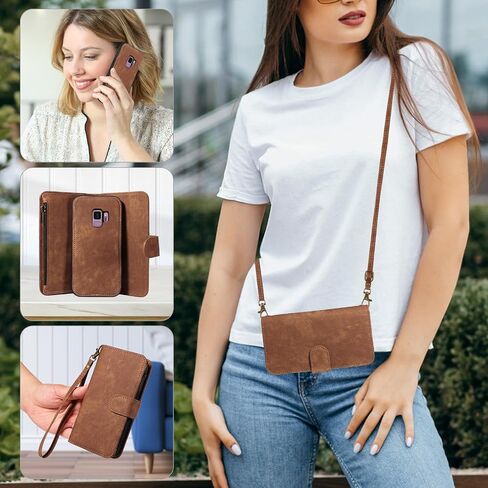 Asuwish Phone Case for Samsung Galaxy S9 Zipper Wallet Detachable Magnetic Cover with Tempered Glass Screen Protector Crossbody Lanyard Strap Flip Card Holder Slot S 9 Edge 9S GS9 Women Girls Brown in Kuwait
