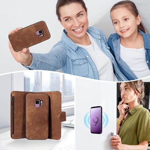 Asuwish Phone Case for Samsung Galaxy S9 Zipper Wallet Detachable Magnetic Cover with Tempered Glass Screen Protector Crossbody Lanyard Strap Flip Card Holder Slot S 9 Edge 9S GS9 Women Girls Brown in Kuwait