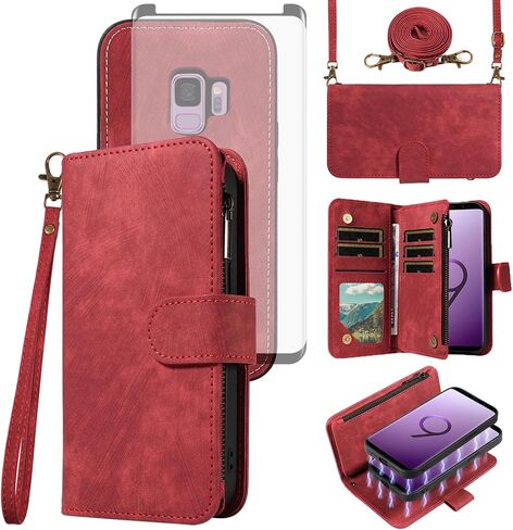 Asuwish Phone Case for Samsung Galaxy S9 Zipper Wallet Detachable Magnetic Cover with Tempered Glass Screen Protector Crossbody Lanyard Strap Flip Card Holder Slot S 9 Edge 9S GS9 Women Girls Brown in Kuwait