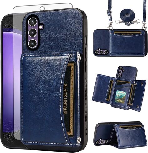 Asuwish Phone Case for Samsung Galaxy S23 FE 5G Wallet Cover with Tempered Glass Screen Protector Credit Card Holder Slot Crossbody Strap Stand Cell Accessories S 23 EF S23FE 23S Women Girls Men Blue in Saudi Arabia