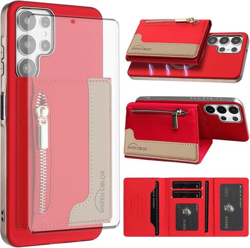Asuwish Phone Case for Samsung Galaxy S21 Ultra 5G Wallet Cell Cover متوافق مع Magsafe RFID Glass Glass Protector Slot Slot Slot S21ultra 21S S 21 21ultra G5 Women Red in Kuwait