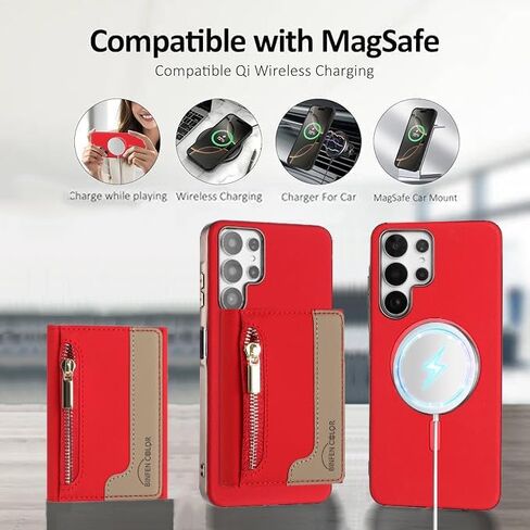 Asuwish Phone Case for Samsung Galaxy S21 Ultra 5G Wallet Cell Cover متوافق مع Magsafe RFID Glass Glass Protector Slot Slot Slot S21ultra 21S S 21 21ultra G5 Women Red in Kuwait