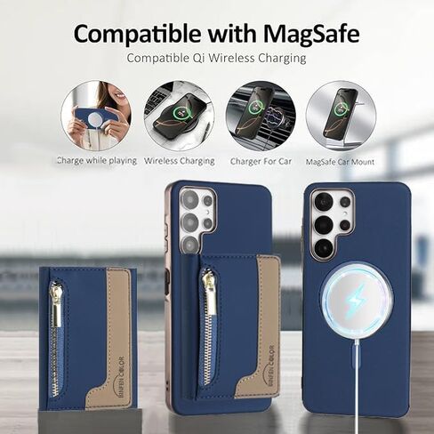 Asuwish Phone Case for Samsung Galaxy S21 Ultra 5G Wallet Cell Cover Compatible with Magsafe RFID Tempered Glass Screen Protector Credit Card Holder Slot Stand S21ultra 21S S 21 21ultra G5 Women Red in Saudi Arabia