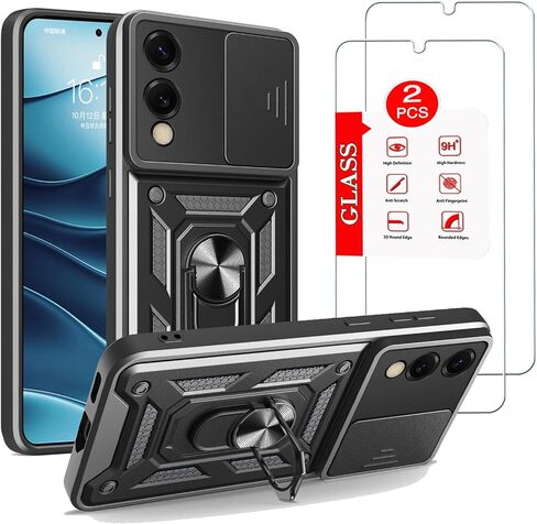 for Samsung Galaxy S25 Edge Case with [2 Pack] Tempered Glass Screen Protector, for Galaxy S25 Edge 5G [Military-Grade] Protective Armor，Lens Protects Magnetic Kickstand (Black, S25 Edge 5G) in Kuwait
