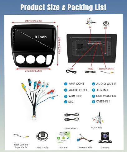 Naifay Android Car Stereo Radio for Honda CRV 1997 1998 1999 2000 2001 مع Carplay Android Auto ، شاشة تعمل باللمس 9 بوصة لـ Honda CRV Stereo Stereo Bluetooth GPS WiFi SWC FM Camera (Manual A/C) in Saudi Arabia