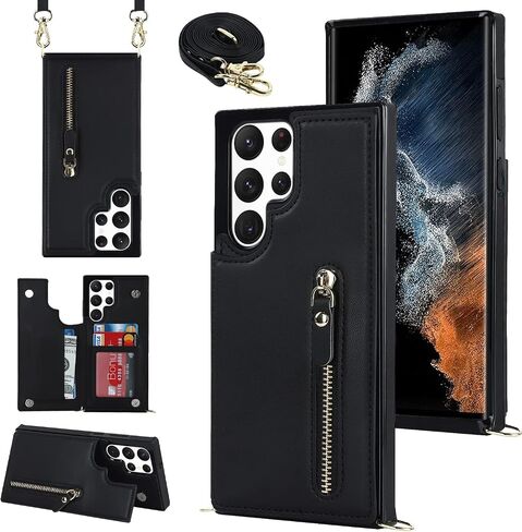 for Samsung Galaxy S22 Ultra Wallet Case with Card Holder Zipper Bag Card Slot Crossbody Strap Stand Flip Leather Magnetic Closure Shockproof Protective Cover- Black in Kuwait