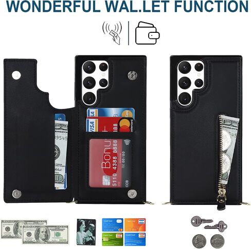 for Samsung Galaxy S22 Ultra Wallet Case with Card Holder Zipper Bag Card Slot Crossbody Strap Stand Flip Leather Magnetic Closure Shockproof Protective Cover- Black in Kuwait