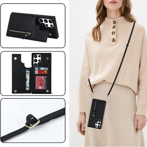 for Samsung Galaxy S22 Ultra Wallet Case with Card Holder Zipper Bag Card Slot Crossbody Strap Stand Flip Leather Magnetic Closure Shockproof Protective Cover- Black in Kuwait