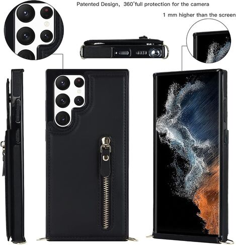 for Samsung Galaxy S22 Ultra Wallet Case with Card Holder Zipper Bag Card Slot Crossbody Strap Stand Flip Leather Magnetic Closure Shockproof Protective Cover- Black in Kuwait