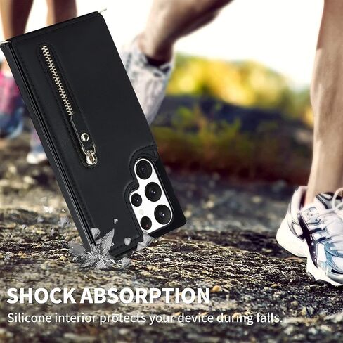 for Samsung Galaxy S22 Ultra Wallet Case with Card Holder Zipper Bag Card Slot Crossbody Strap Stand Flip Leather Magnetic Closure Shockproof Protective Cover- Black in Kuwait