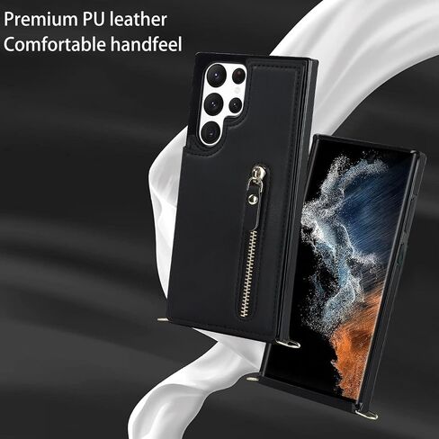for Samsung Galaxy S22 Ultra Wallet Case with Card Holder Zipper Bag Card Slot Crossbody Strap Stand Flip Leather Magnetic Closure Shockproof Protective Cover- Black in Kuwait