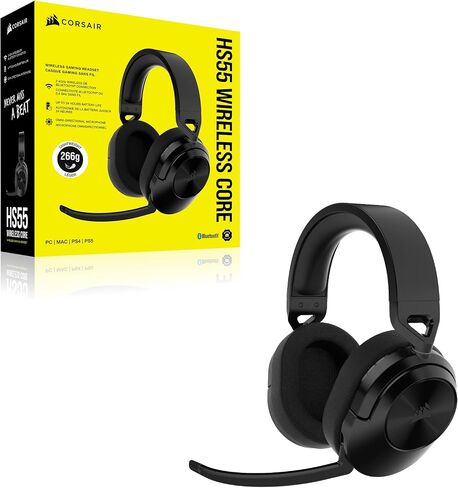 Corsair HS55 Wireless Core Gaming Headset - Low -Colorency 2.4Ghz ، يصل إلى 50 قدمًا من مجموعة Bluetooth ، البناء الخفيف الوزن ، دعم Tempest 3D Audiotech على PS5 ، ميكروفون متعدد الاتجاهات - أسود (متجدد) (متجدد) in Kuwait