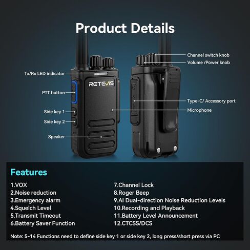 RETEVIS MATETALK B4 Walkie Talkies مع ميكروفون في الكتف مقاوم للماء ، إلغاء ضوضاء الراديو 2 ، وشحن USB-C ، وأجهزة الراديو الوعرة لركلز في موقع البناء الكهربائي (4 عبوات) in Saudi Arabia