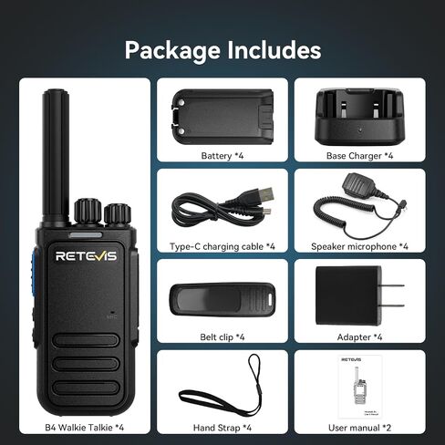 RETEVIS MATETALK B4 Walkie Talkies مع ميكروفون في الكتف مقاوم للماء ، إلغاء ضوضاء الراديو 2 ، وشحن USB-C ، وأجهزة الراديو الوعرة لركلز في موقع البناء الكهربائي (4 عبوات) in Saudi Arabia