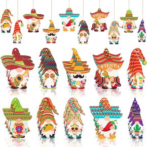 Haooryx 31Pcs Mexica Fiesta Cinco De Mayo Wooden Ornaments Hanging Decoration Mexican Cactus Sombrero Guitar Pendants Tags Tree Decor for Taco Bout Birthday Baby Shower Party Supplies