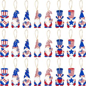 WATINC 25 Pack Independence Day Wooden Ornaments, Hanging Wooden Pendants for 4th of July Party Supplies, Red White Blue Patriotic Gnomes Shaped Cutouts Tree Pendant for USA Patriotic Party Decoration
