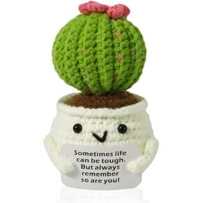 Crochet Positive Cactus, Handmade Knitted Cactus Toy Cute Funny Potato Emotional Positive Life Doll Ornaments Gifts with Encouraging Card for Adults Kids Friends Room Office Desktop Decor