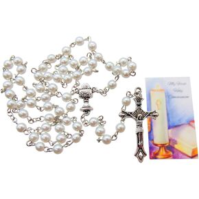 Westmon Works First Communion Girls Rosary Glass Bead with Chalice Centerpiece and Crucifix Catholic Girls Deluxe Set with Keepsake Bag
