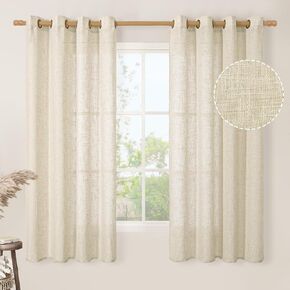 LAMIT Short Window Linen Curtains 40 Inch Length for Kitchen, Semi Sheer Light Filtering Neutral Window Curtains Farmhouse Boho Bronze Grommet Panels for RV Camper, Cream Ivory, 2 Panels, 34 x 40 Inch