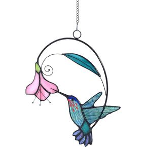 lolitarcrafts الزجاج الملون نافذة الطائر الطنان معلقة مع الزهور، الطيور الزجاج الملون suncatcher لتزيين النوافذ هدايا الطائر الطنان للأم، عشاق الطيور (الأزرق مع زهرة أ) in Kuwait