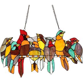 Bieye W10055 Tropical Birds on The Wire Tiffany Style Stained Glass Window Panel Hangings with Chain, 22" W x 13" H