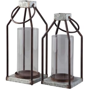 Signature Design by Ashley Diedrick Rustic Lantern 2 Count, Indoor and Outdoor, 19" & 17", Gray and Black