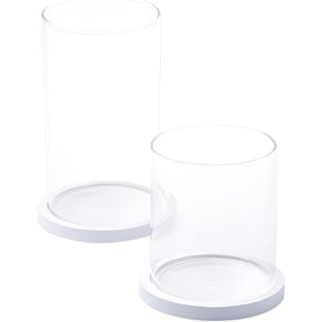 WHOLE HOUSEWARES Glass Candles Holders with Wooden Base - Tall Glass Hurricane Candle Holder - for Wedding Centrepieces - Table Decorations - Set of 2-4.3x3.9 and 6.2x3.9 (Wood Brown)