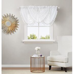 Vision Home Silver Grey Semi Sheer Waterfall Valance Curtain with Decorative Tassles Trims Solid Linen Blended Kitchen Cafe Curtain for Living Room Bedroom Rod Pocket 56x38 inch,3 Panels