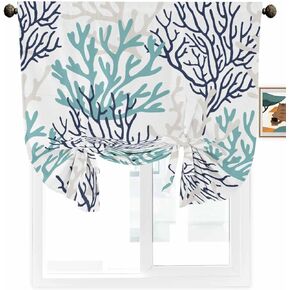 Teal Grey Coastal Balloon Window Shades, Seaside Nautical Coral Bathroom Window Curtains 54 Inch Length, Summer Beach Light Filtering Tie Up Curtains Drapes for Living Room/Kitchen 42"x54"