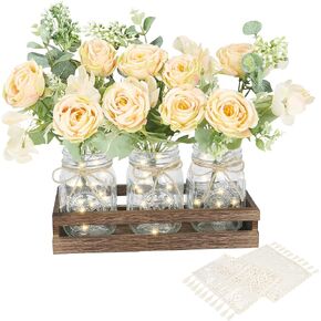Mason Jar Lights Table Centerpiece Decoration for Farmhouse Coffee, with Wood Tray, Jars, Flowers, Boho Table Runner, Led Light for Kitchen Dining Living Room Rustic Table Decor