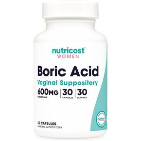 Nutricost Boric Acid 600mg, 30 Capsules - Vaginal Suppository - Non-GMO - for Women