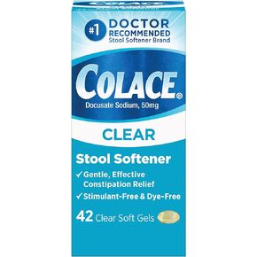Colace Clear Stool Softener Soft Gel Capsules Constipation Relief 50mg Docusate Sodium Doctor Recommended 42ct in Kuwait