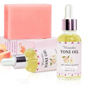 3PCS Yoni Oils & Yoni Bar Soap Set for Women pH Balance, Feminine Wash Vaginal Moisturizer Odor Eliminator, Natural Feminine Care, 2 * 30ml Yoni Essential Oil, 1* Yoni Bar 3.53oz（Peach）